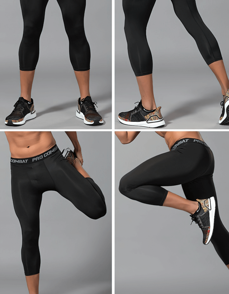 Men's black compression capri pants, lightweight and flexible, perfect for gym workouts and athletic activities, shown in different poses.