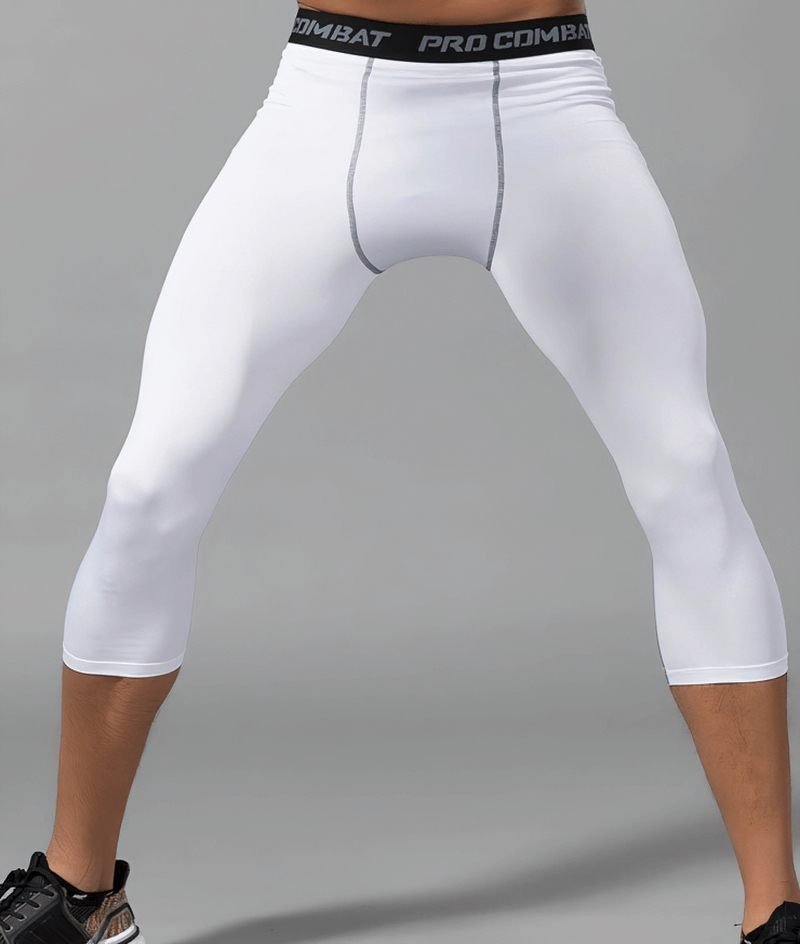 Men wearing white breathable compression capri pants for gym exercise, showing stretch and flexibility.