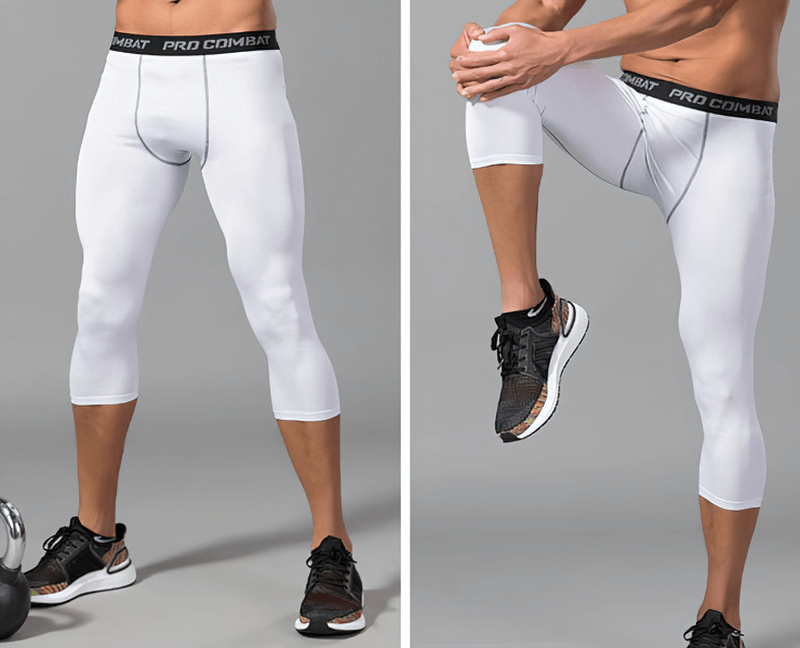 Man wearing white breathable compression capri pants for gym workouts, showcasing flexibility and style.