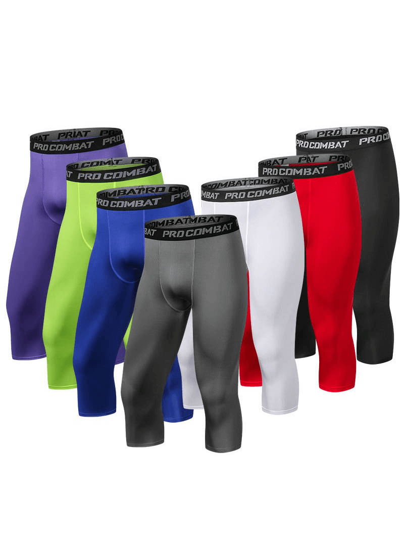 Men's breathable compression capri pants in assorted colors for gym, SF0890, showcasing premium polyester and spandex design.