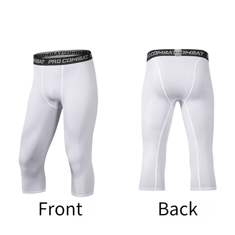 Front and back view of men's white breathable compression capri pants for gym, featuring lightweight fabric and supportive fit.