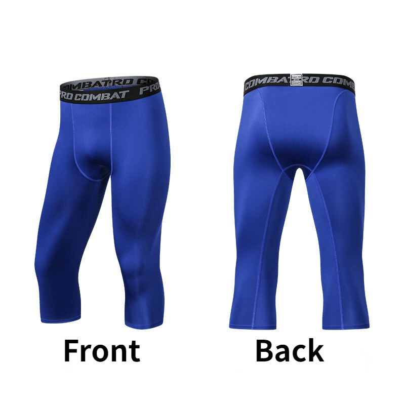 Blue men's breathable compression capri pants with front and back views, designed for gym workouts. Stylish and supportive fit.