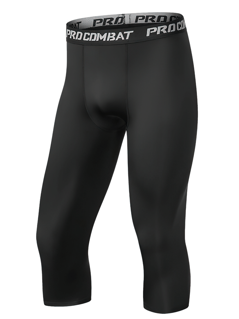 Men's breathable compression Capri pants for gym in solid black, featuring premium supportive polyester and spandex blend.