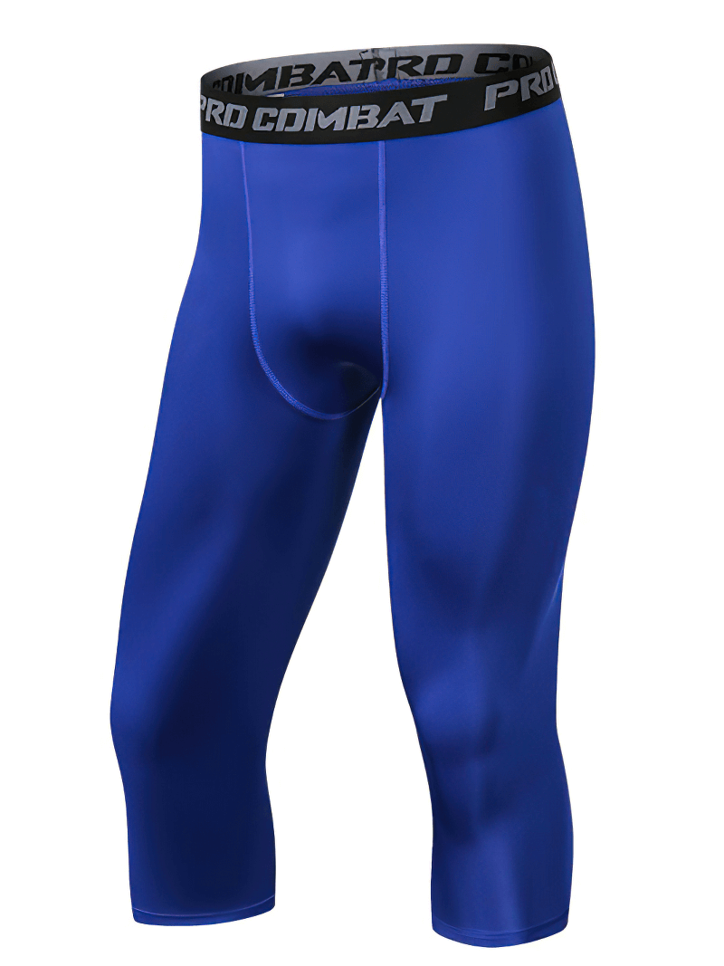 Men's blue breathable compression capri pants with elastic waistband, ideal for gym workouts.