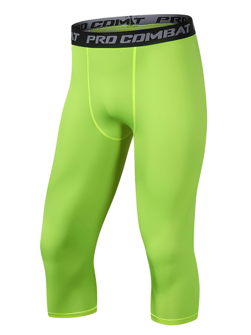 Bright green men's breathable compression capri pants for gym use with black waistband, ideal for athletic activities and comfort.