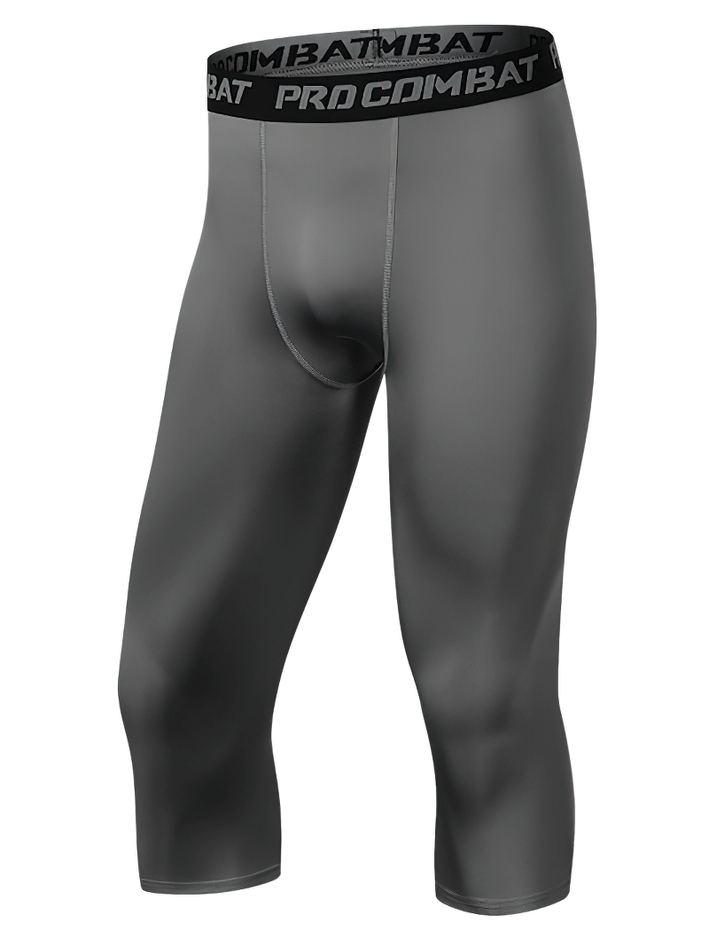 Men's Breathable Compression Capri Pants for Gym in grey, featuring supportive fit and flexibility for athletic performance.
