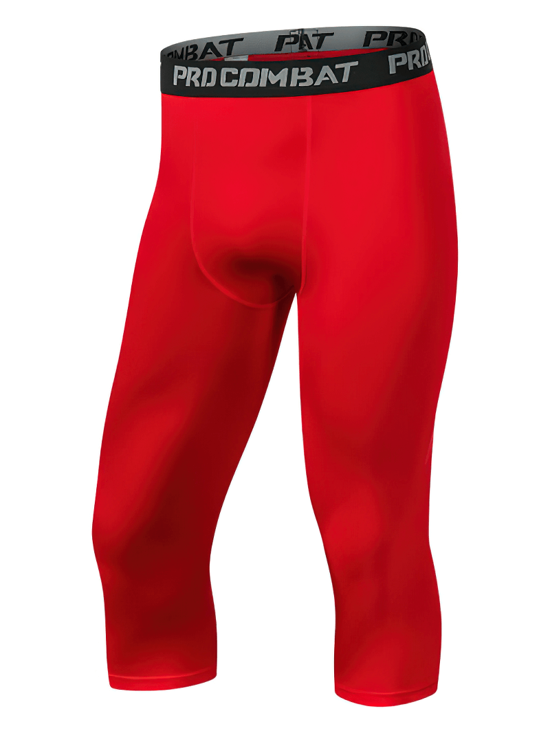Men's red breathable compression capri pants for gym, featuring a supportive fit with stylish waistband lettering.