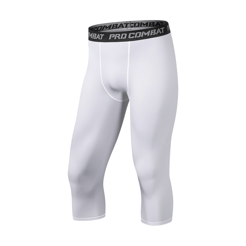 Men's breathable compression capri pants for gym, featuring a solid-pattern, made from polyester and spandex for comfort and performance.