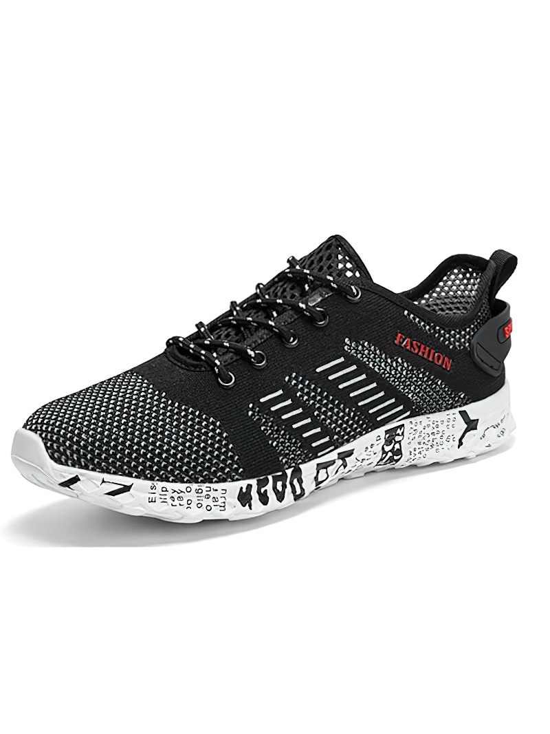 Men's casual lace-up mesh sneakers with soft outsole, air mesh upper, EVA insole, in black with geometric pattern.