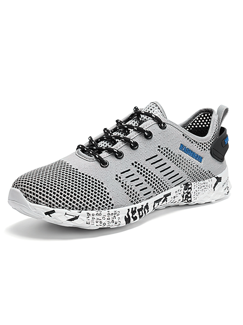 Men's casual lace-up mesh sneakers with soft outsole in gray, featuring geometric pattern and black laces, ideal for style and comfort.