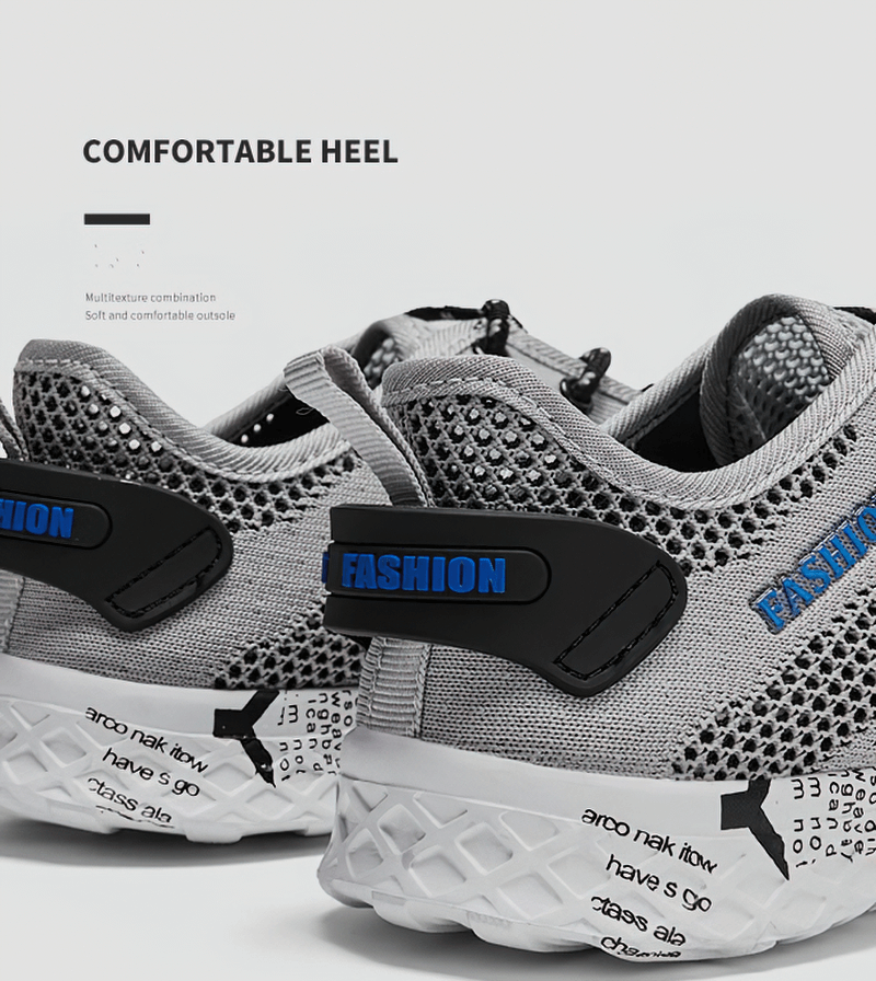 Close-up of gray men's casual lace-up mesh sneakers with soft outsole, showcasing breathable design and geometric pattern for comfort.