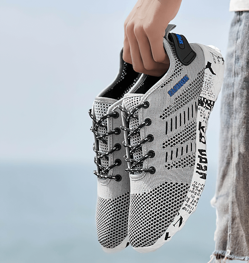 Men's Casual Lace-up Mesh Sneakers SF0805 with soft outsole, perfect for style and comfort. Light grey design with stylish geometric pattern.