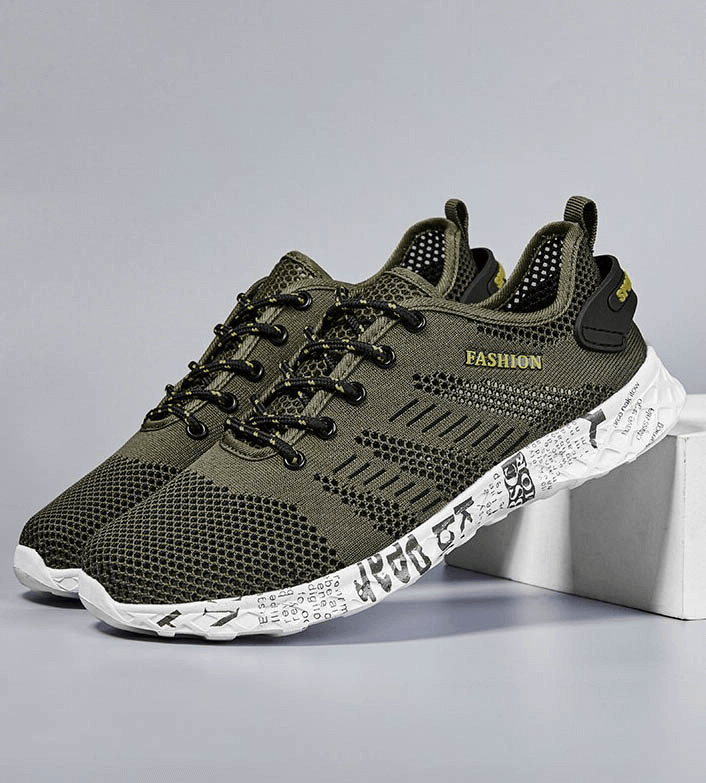 Men's casual lace-up mesh sneakers with soft outsole in olive green featuring geometric pattern and durable EVA construction.