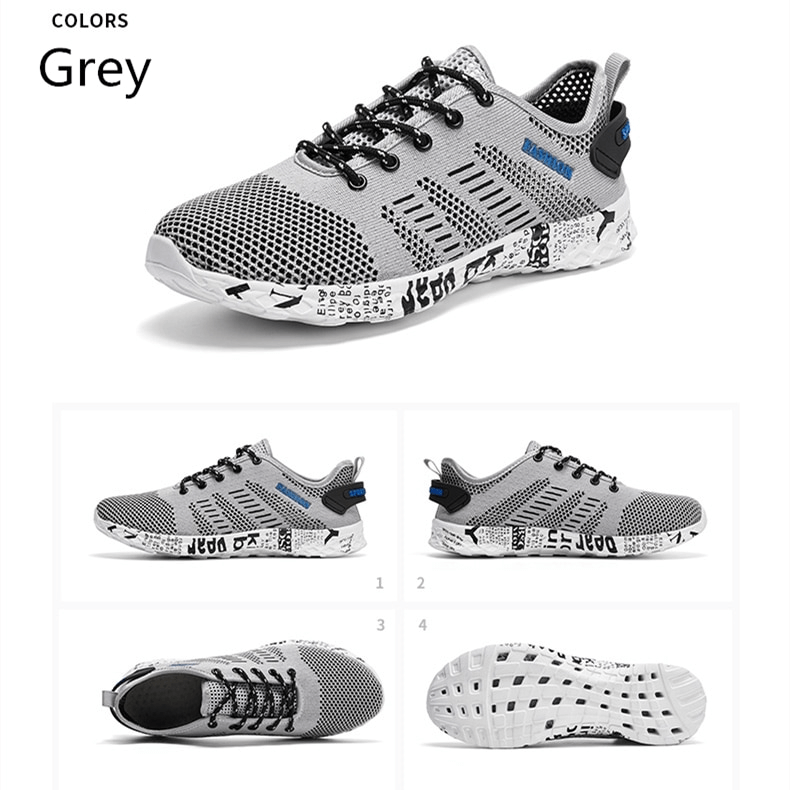 Grey men's casual lace-up mesh sneakers with soft outsole, featuring air mesh upper, EVA insole, geometric pattern, and lightweight support.