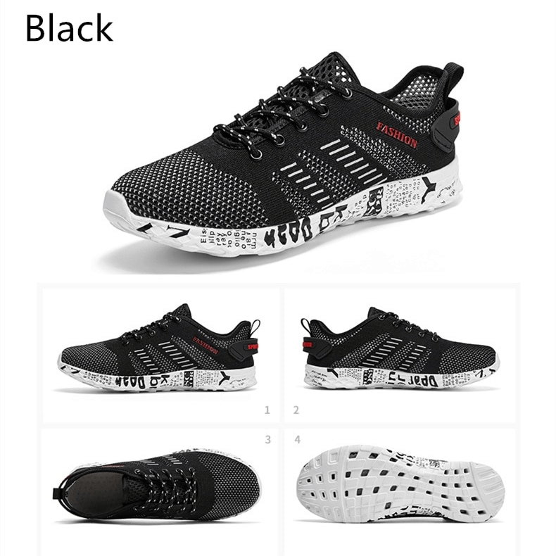 Men's casual lace-up mesh sneakers SF0805 in black with soft outsole and geometric pattern, perfect for comfort and style.