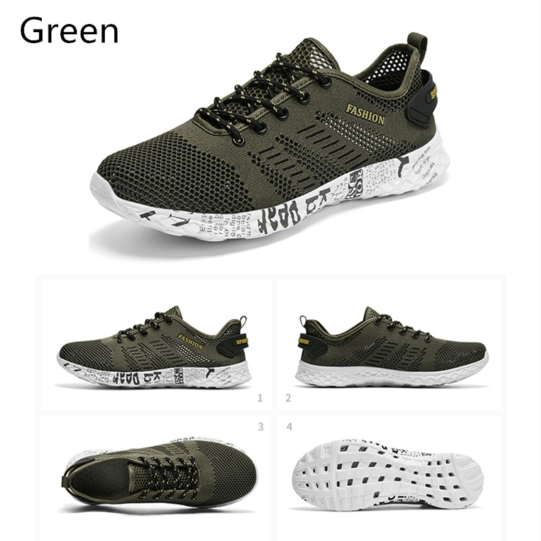 Men's green mesh sneakers with lace-up design and geometric pattern outsole for style and comfort, model SF0805.