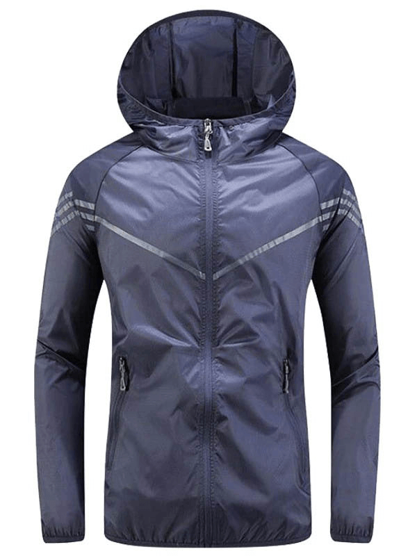 Men's Casual Quick Drying Thin Windbreaker with Hood SF0623, lightweight nylon, zipper closure, striped pattern, ideal for active days.