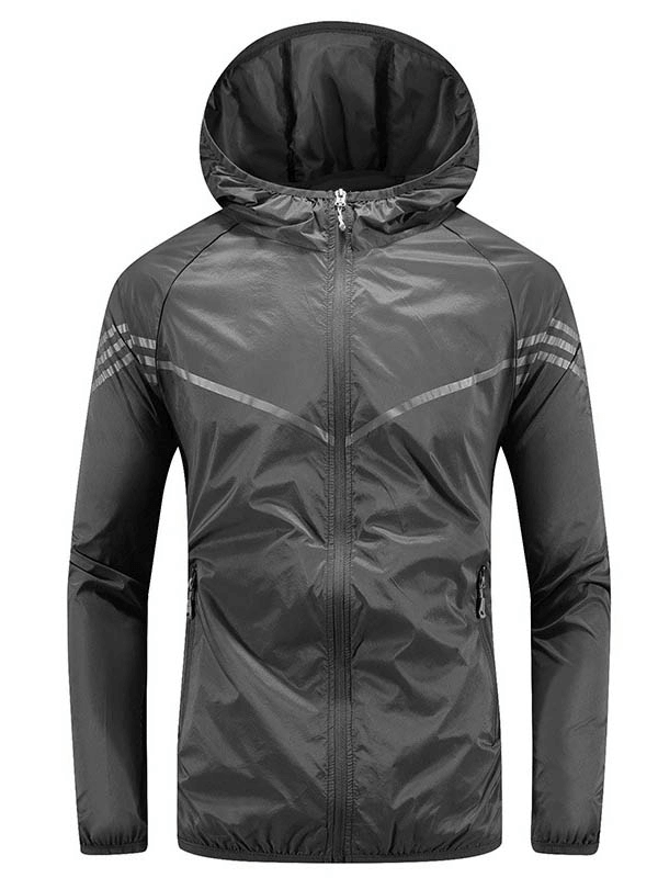 Men's Casual Quick Drying Thin Windbreaker with Hood in dark color, featuring a stylish striped pattern, lightweight and breathable design.