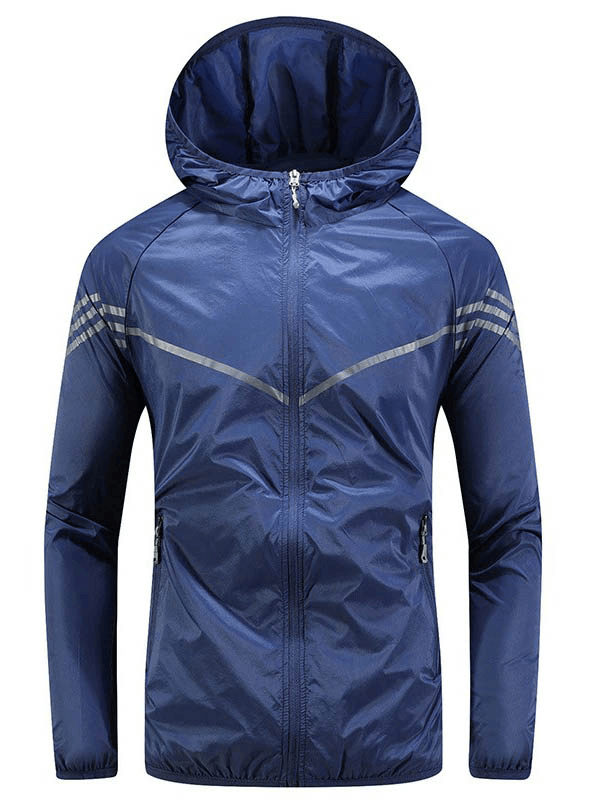 Men's blue quick-drying windbreaker with hood, featuring striped pattern and zipper closure, ideal for active days.