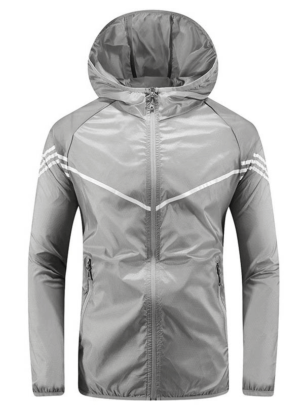 Men's grey quick-drying windbreaker with hood, zipper closure, and stylish stripes - perfect for lightweight active wear.