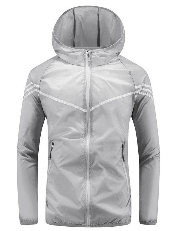 Men's quick drying windbreaker with hood, lightweight nylon, slim fit, stylish stripes, ideal for active warm weather days.