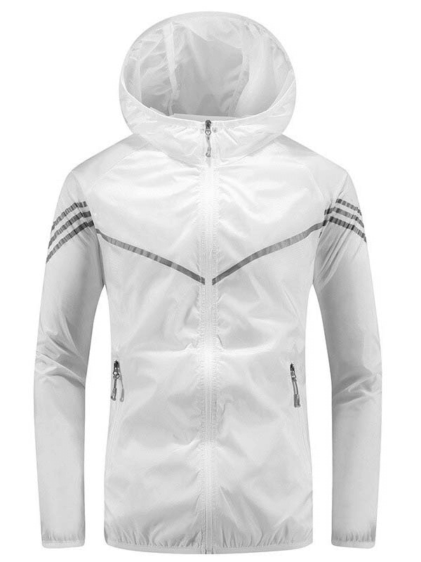 Men's white quick-drying windbreaker with hood, striped pattern, lightweight nylon blend, perfect for active warm weather days.