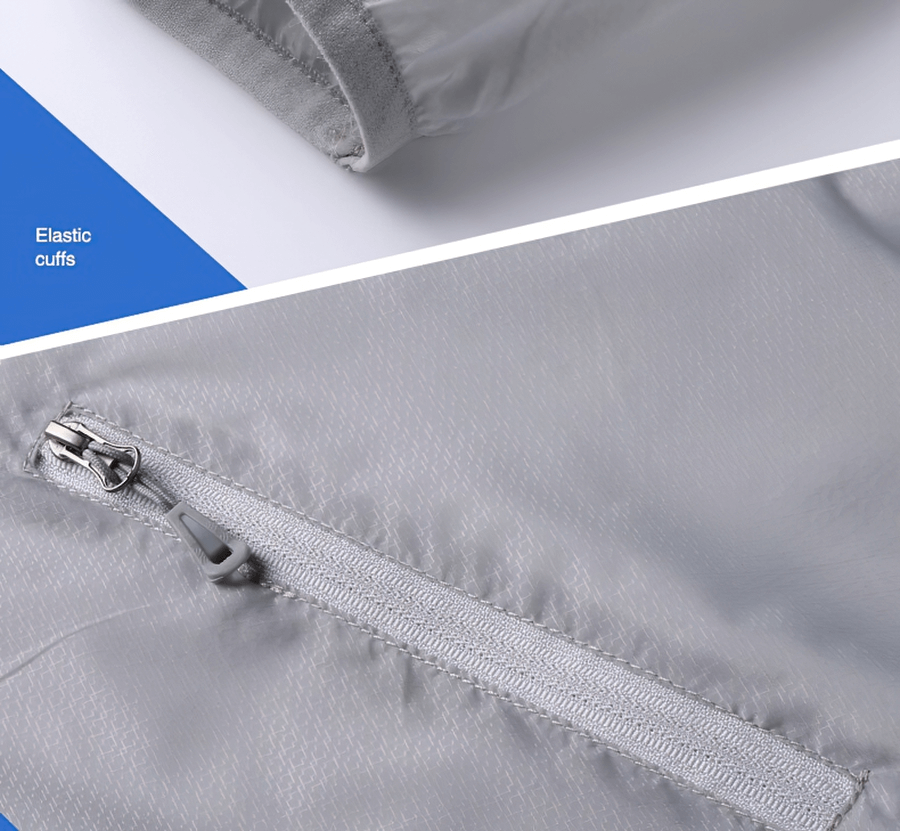 Men's Quick Drying Windbreaker close-up showing elastic cuffs and zipper detail in light grey.