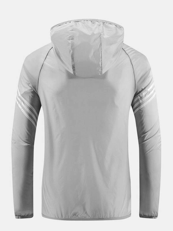 Men's quick-drying thin windbreaker with hood, back view, in stylish gray with stripe sleeves, perfect for active warm-weather days.