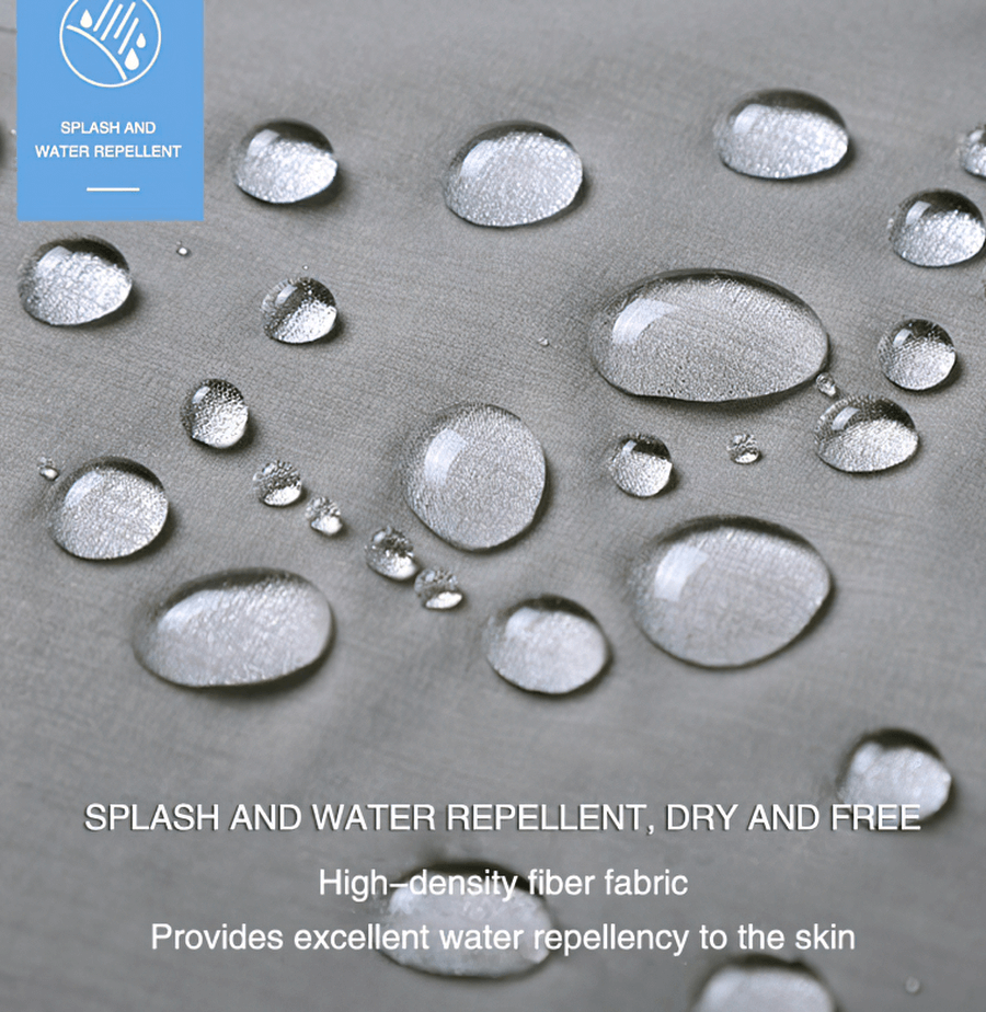 Close-up of water droplets on quick-drying windbreaker fabric, showing its splash and water-repellent properties.