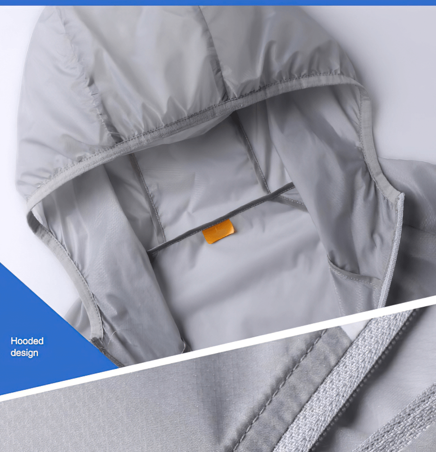 Men's quick drying thin windbreaker with hood in gray, showing detailed hood design for active warm weather use.