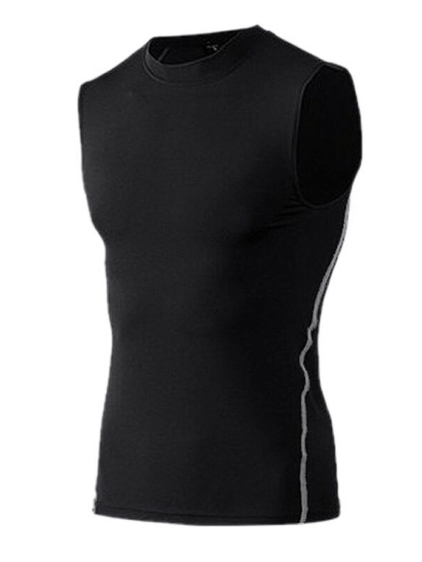 Men's black compression gym tank top with O-neck, sleeveless design, ideal for fitness workouts and running, featuring lightweight polyester fabric.