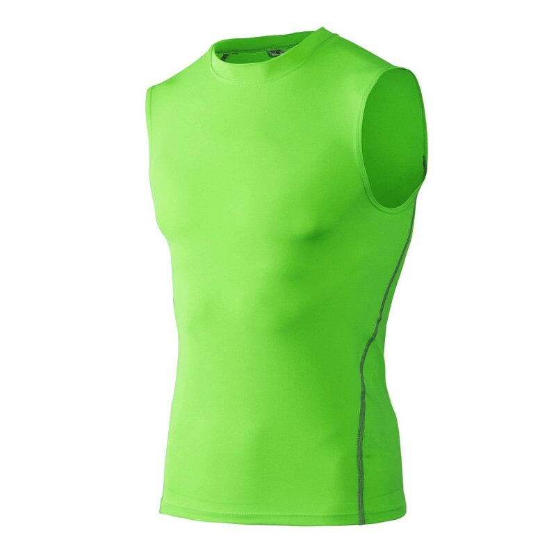 Men's green compression tank top, sleeveless, lightweight fitness gym wear with O-neck collar, perfect for workouts or running - SF0654.