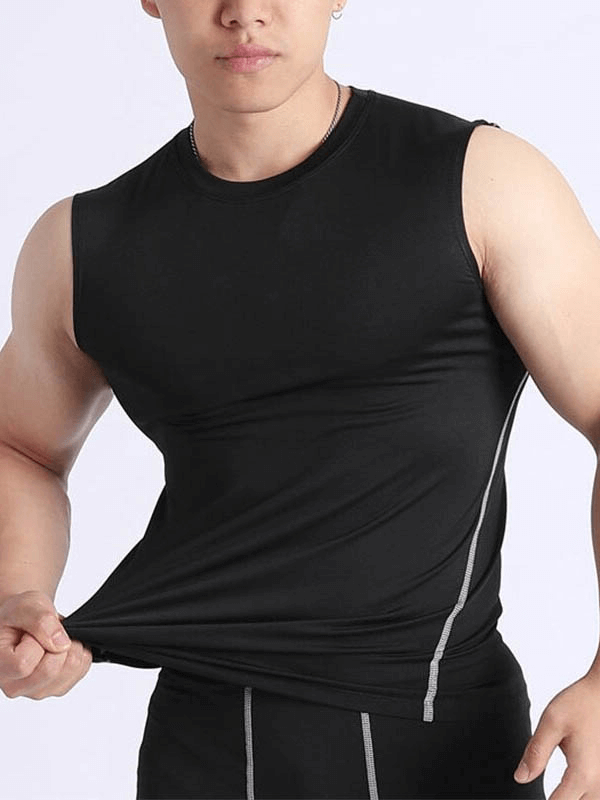 Man wearing black men's compression lightweight fitness gyms tank top showing flexibility of polyester fabric SF0654