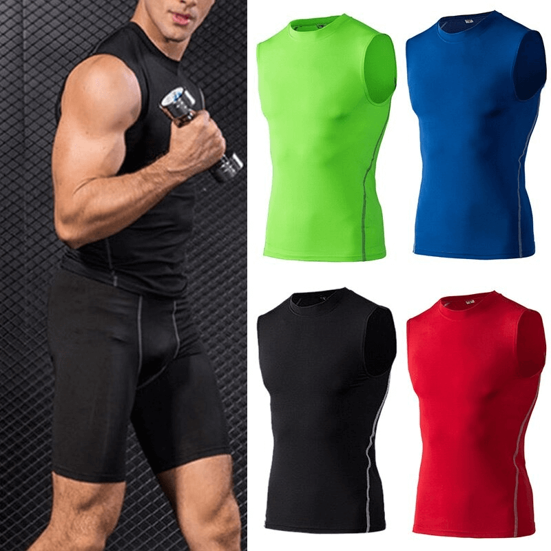 Men's Compression Lightweight Fitness Gyms Tank Top SF0654 in black, green, blue, and red; perfect for workouts and sports.