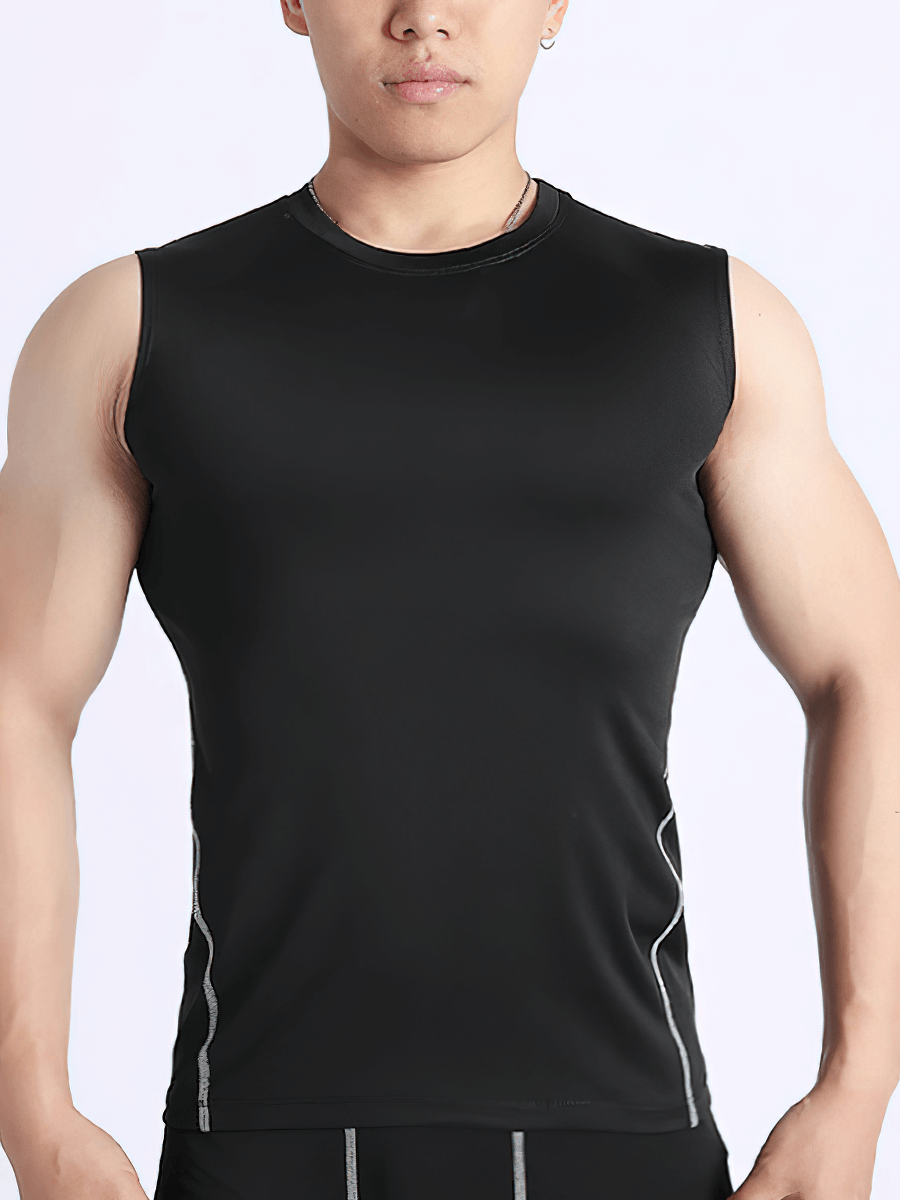 Men's Compression Lightweight Fitness Gym Tank Top - Black, O-neck, sleeveless, breathable, ideal for workouts and running.