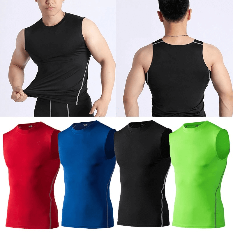 Men's compression lightweight fitness tank tops in black, red, blue, and green, perfect for gym workouts and running.