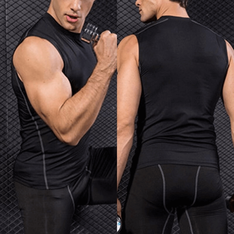 Man wearing black men's compression gym tank top, showcasing fit and flexibility during workout.