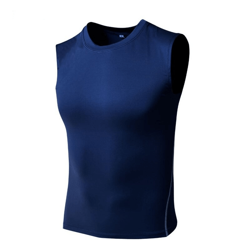 Men's navy compression tank top, lightweight and sleeveless, perfect for workouts and fitness, offering ventilation and comfort.