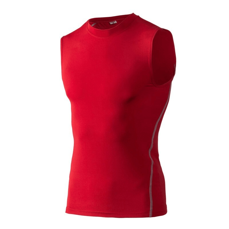 Men's red compression fitness tank top SF0654 with O-neck, sleeveless design, perfect for gym workouts and running.