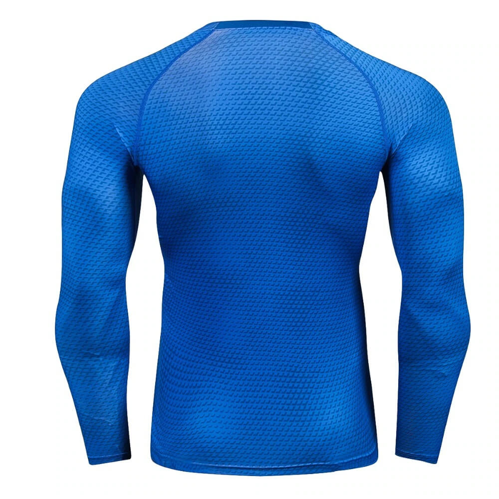Men's blue compression long sleeve o-neck top with snake skin 3D print for running and CrossFit, back view.