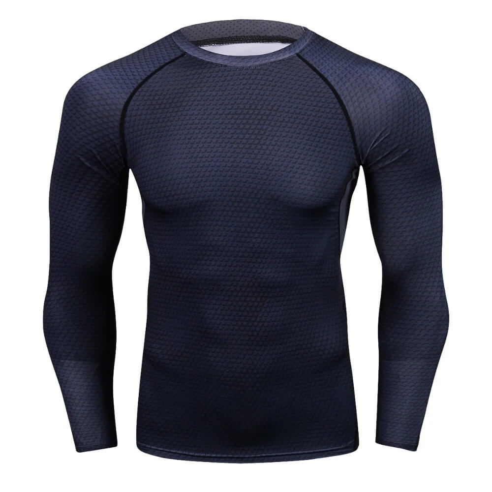 Men's compression long sleeve o-neck top in black with snake skin 3D print, ideal for running and fitness. Model SF0576 front view.