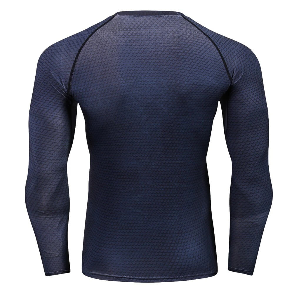 Men's compression long sleeve o-neck top with snake skin 3D print, ideal for running and CrossFit, shown from back view.