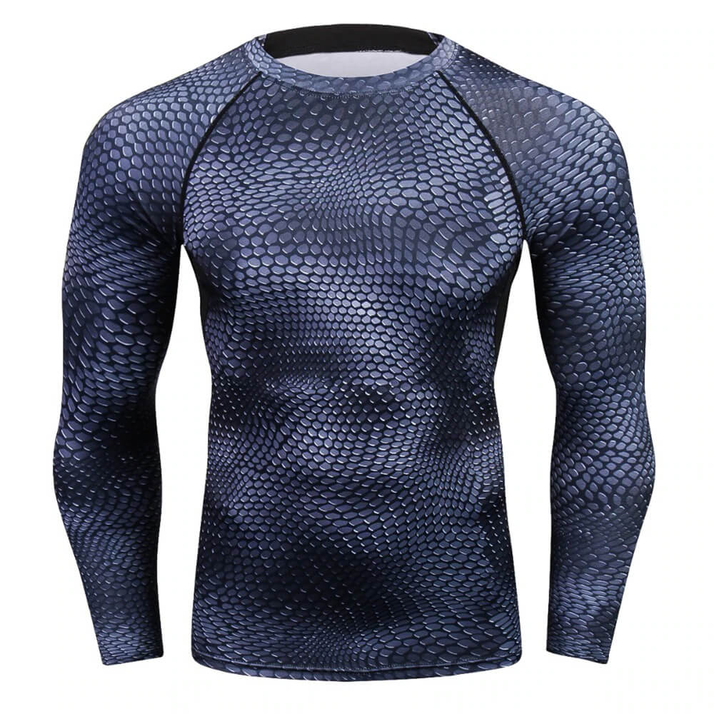 Men's compression top with snake skin 3D print, long sleeves, o-neck, ideal for running and CrossFit. Polyester for comfort and support.