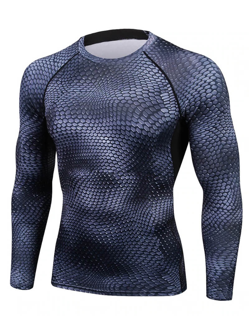 Men's compression long sleeves running top with 3D snake skin print, made of breathable polyester, O-neck design, black color SF0576