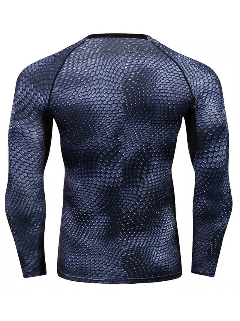 Men's compression long sleeves o-neck top in snake skin 3D print, designed for running and CrossFit, showcasing full-body back view.