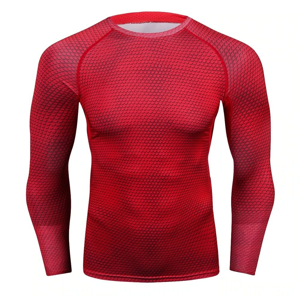 Red men's compression long sleeves o-neck top for running with 3D snake skin print. Ideal for CrossFit and high-performance activities.