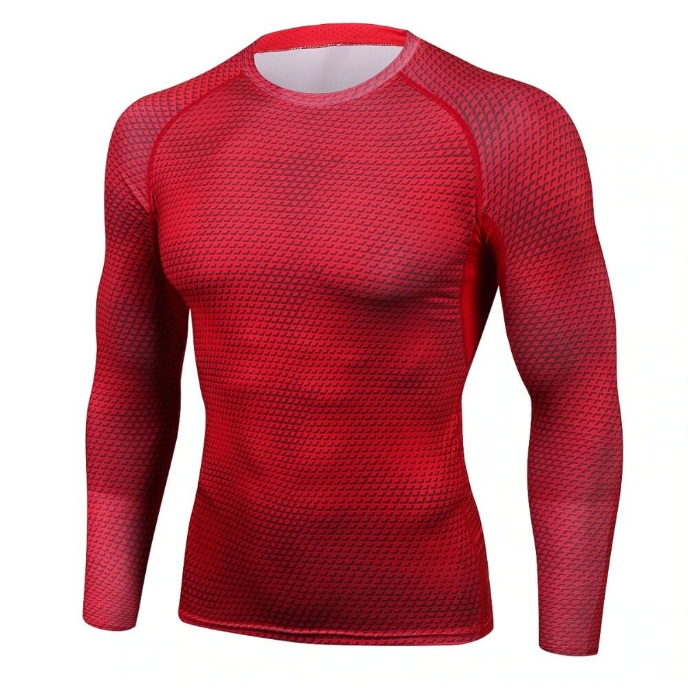 Red men's compression long sleeves o-neck top with snake skin 3D print for running and high-performance activities.