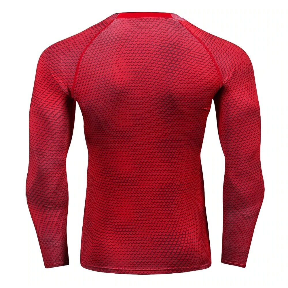 Red men's compression long sleeve running top with o-neck and snake skin 3D print, offering breathable polyester fabric for sports.