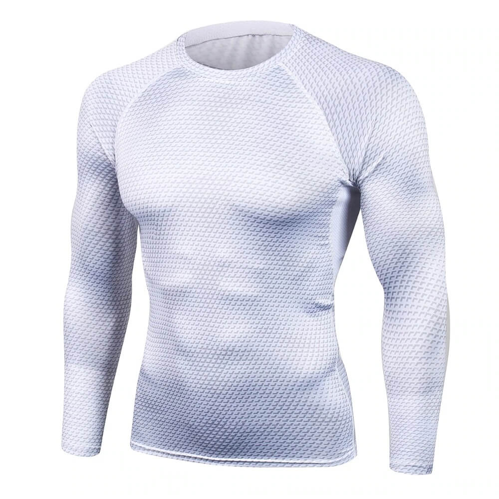 Men's compression long sleeves o-neck top for running, featuring polyester material and unique snake skin 3D print design.