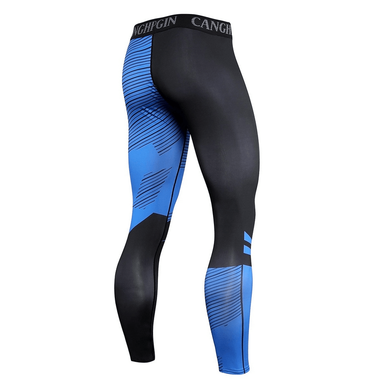 Men's compression sports leggings in black and blue for running and training, featuring elastic fit for comfort and flexibility.
